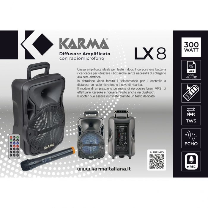 Altavoz portátil con batería de 8" con LEDs, bt, usb, micrófono y mando Karma LX8 - Imagen 5