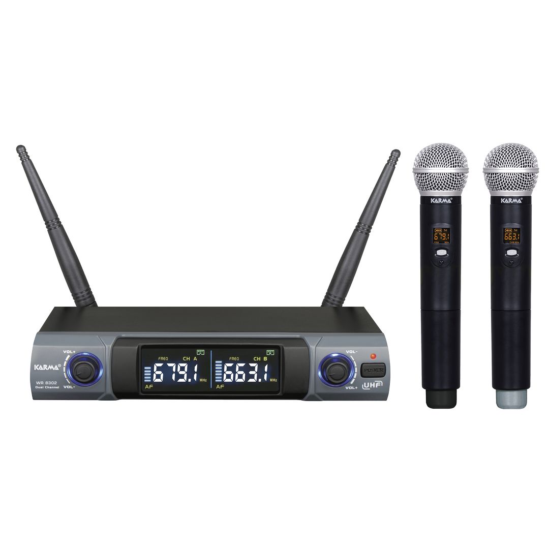 Sistema inalámbrico de 48 canales UHF con 2 micrófonos de mano Karma SET 8302