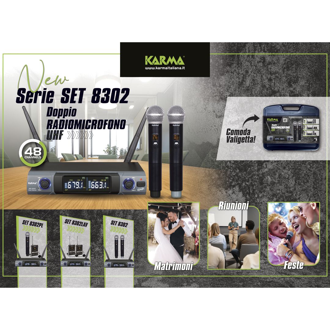 Sistema inalámbrico de 48 canales UHF con 2 micrófonos de mano Karma SET 8302 - Imagen 3