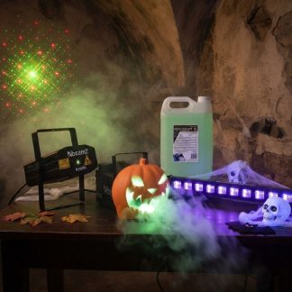 Pack de Iluminación Halloween Máquina de Humo Calabaza 550W con Sonidos + Barra LED UV 12x3W + Láser Rojo/Verde + Líquido 5L BeamZ HW-2