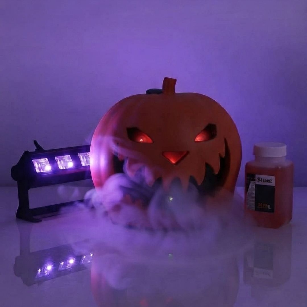 Pack de Iluminación Halloween Máquina de Humo Calabaza 550W con Sonidos + Barra LED UV 6x3W + Líquido 250ml BeamZ HW-1