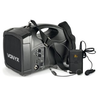 Altavoz portátil amplificado con micrófono inalámbrico UHF de diadema y solapa, Bluetooth y USB 100W Vonyx ST012