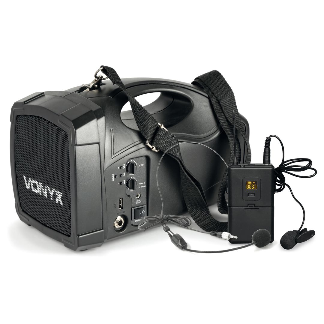 Altavoz portátil amplificado con micrófono inalámbrico UHF de diadema y solapa, Bluetooth y USB 100W Vonyx ST012