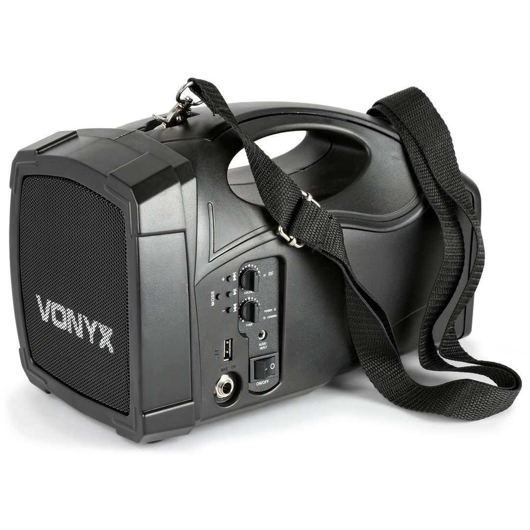 Altavoz portátil amplificado con micrófono inalámbrico UHF de diadema y solapa, Bluetooth y USB 100W Vonyx ST012