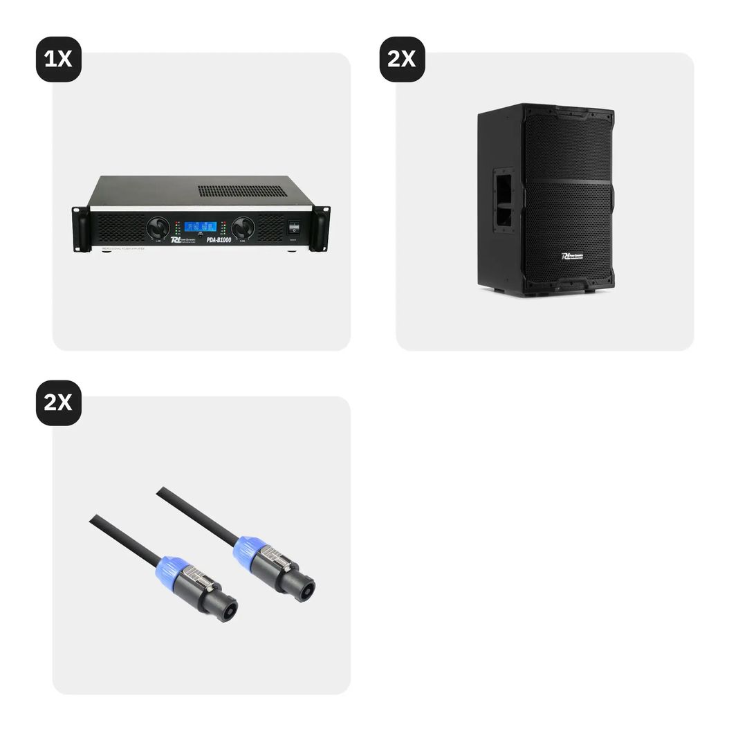 Pack Equipo de Sonido 2 Altavoces Pasivos 12" 1400W PDY212 + Amplificador PDA-B1000+ Cables Power Dynamics